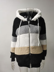Plus Size Warm Plush Patchwork Zipper Hooded Loose Jacket GOFY 80160