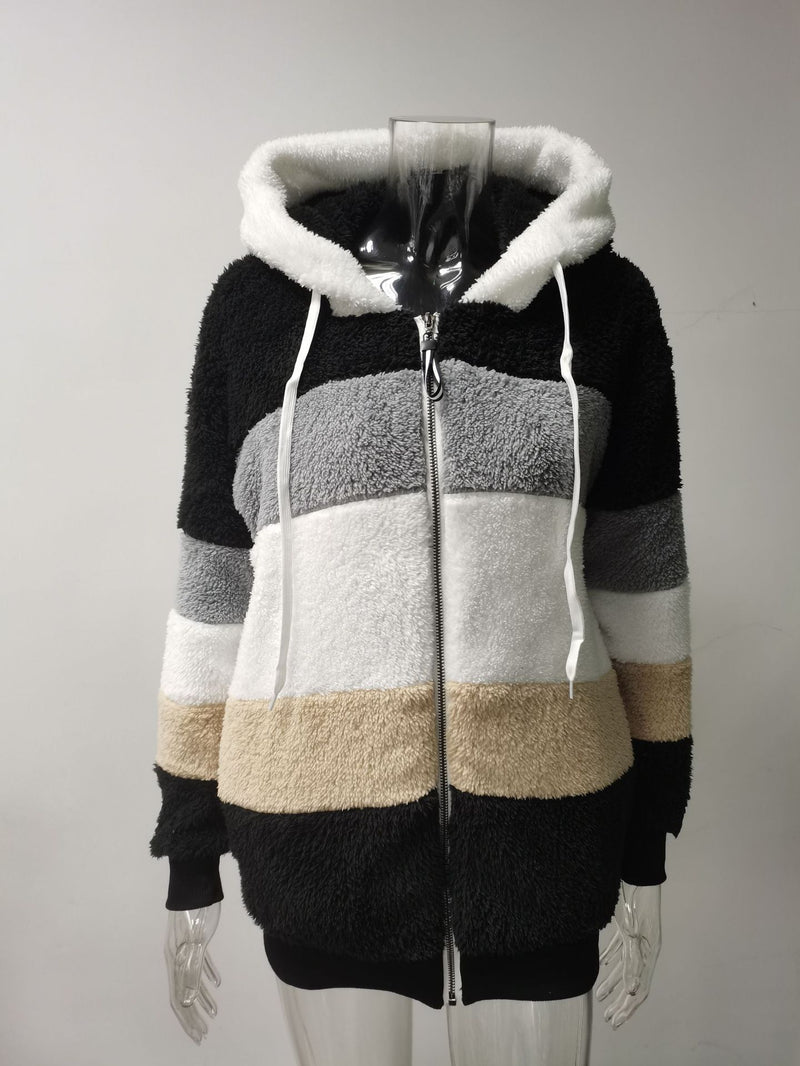 Plus Size Warm Plush Patchwork Zipper Hooded Loose Jacket GOFY 80160