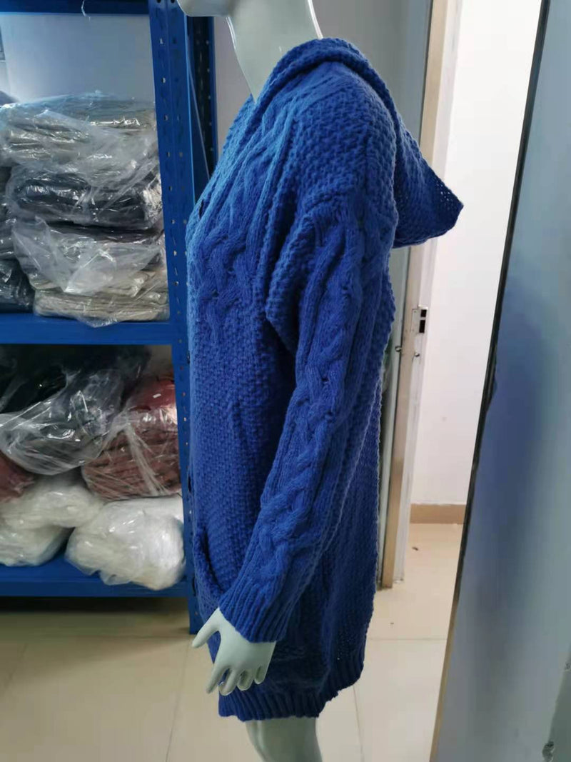 Plus Size Hooded Single Breasted Knit Long Sleeve Coat GBLH 3355