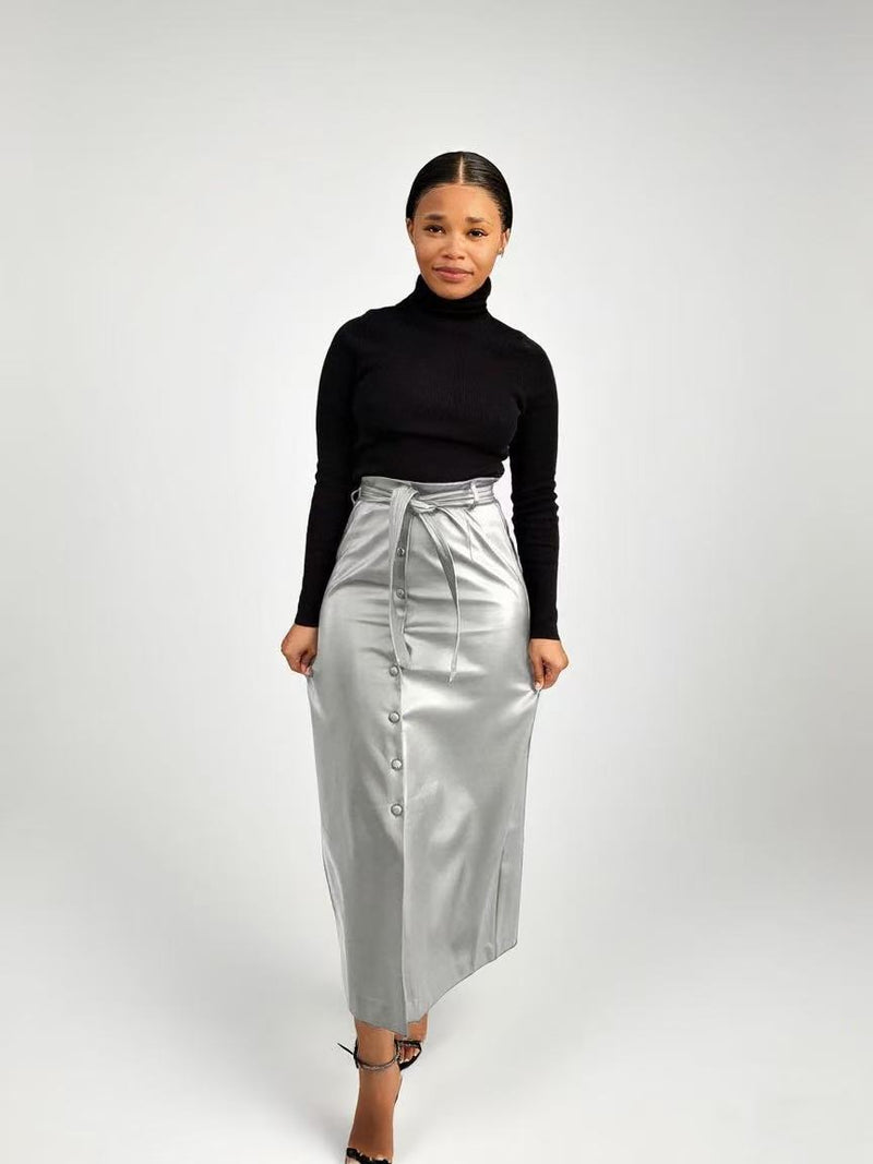 Split Half PU Leather Skirt With Belt QODY 6005