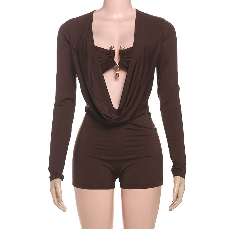 Deep V Neck Solid Color Long Sleeve Romper GZJQ K24Q62136