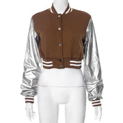 Color Block Short PU Leather Baseball Coat GSZM K23TP377