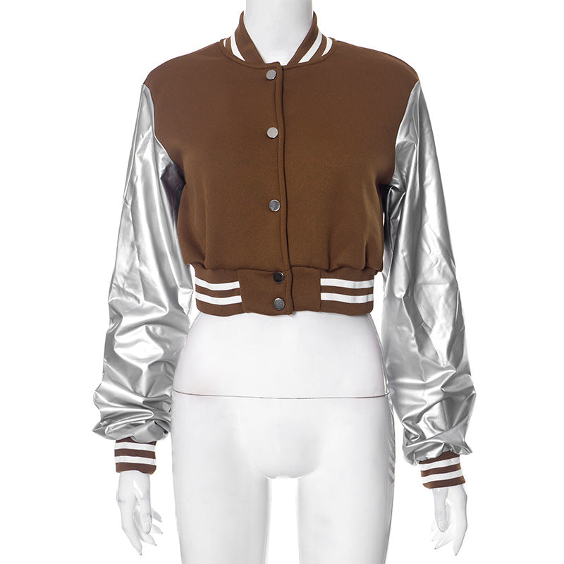 Color Block Short PU Leather Baseball Coat GSZM K23TP377