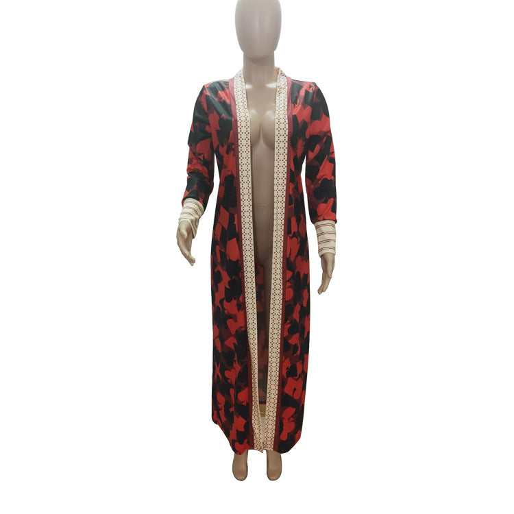 Plus Size Print Long Sleeve Knit Coat GRNH 8078