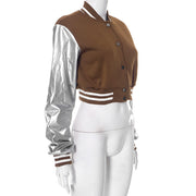 Color Block Short PU Leather Baseball Coat GSZM K23TP377