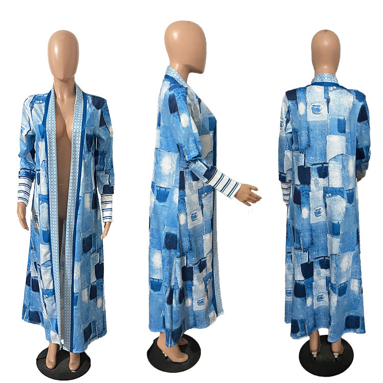 Plus Size Print Long Sleeve Knit Coat GRNH 8078