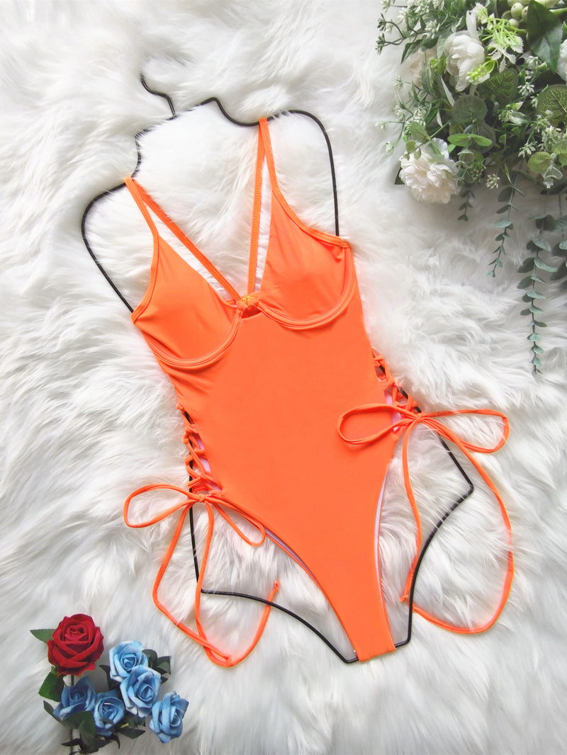 Solid Lace Up Sexy One Piece Bikini CASF 6206