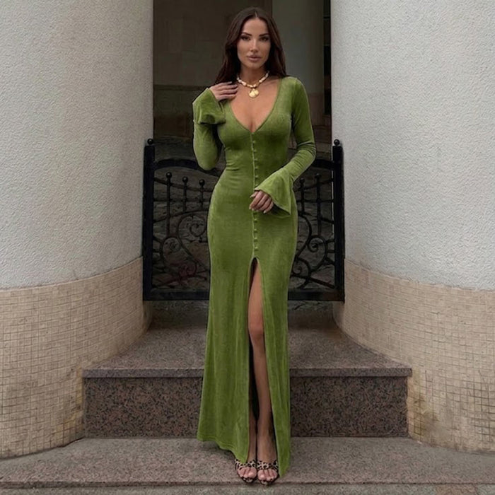 Flare Long Sleeve Deep V Neck Maxi Dress GPKJ MR27085