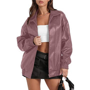 Long Sleeve Collared Zipper PU Leather Jacket GYOU CX830