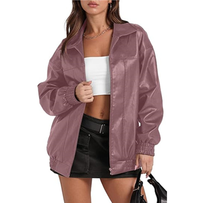 Long Sleeve Collared Zipper PU Leather Jacket GYOU CX830
