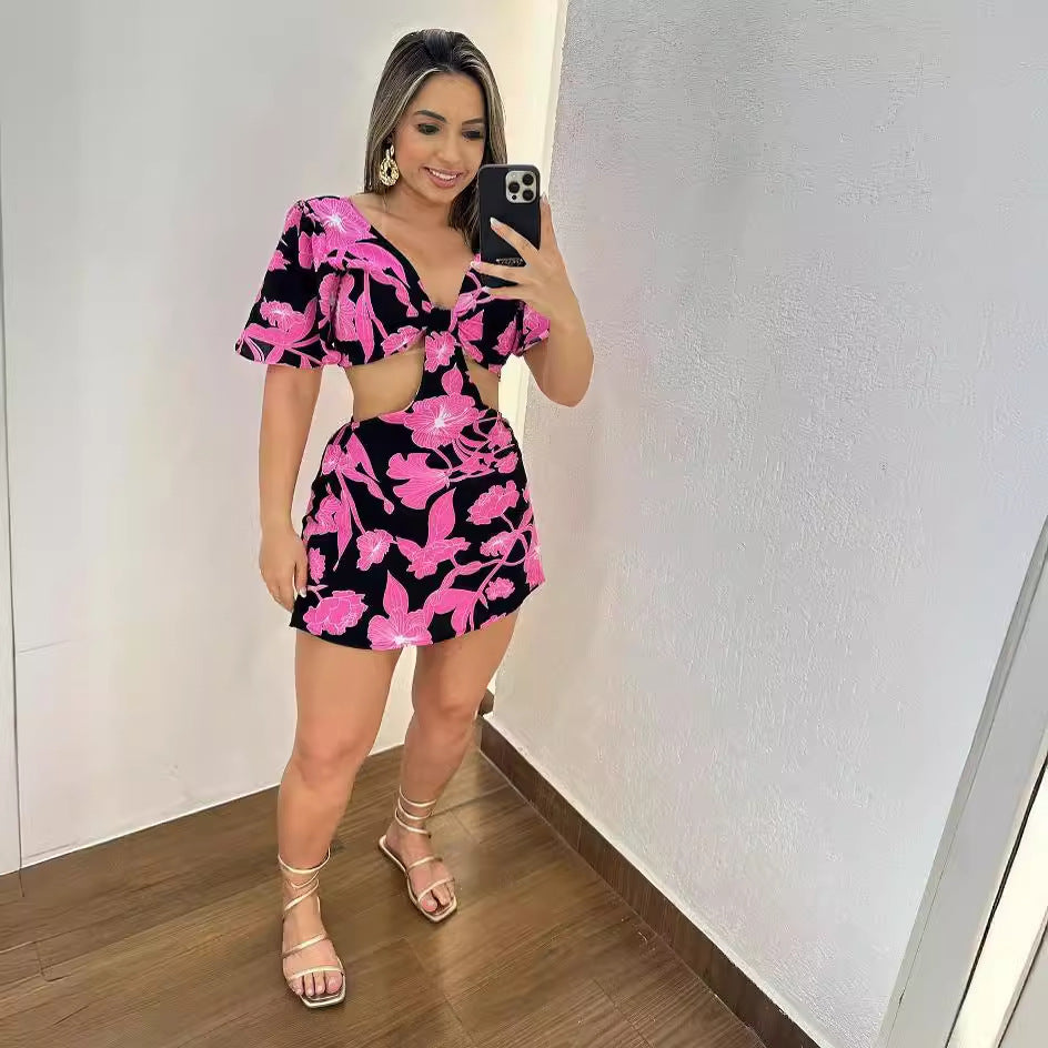 Printed Hollow Out Ruffle Sleeve Romper NY 10786