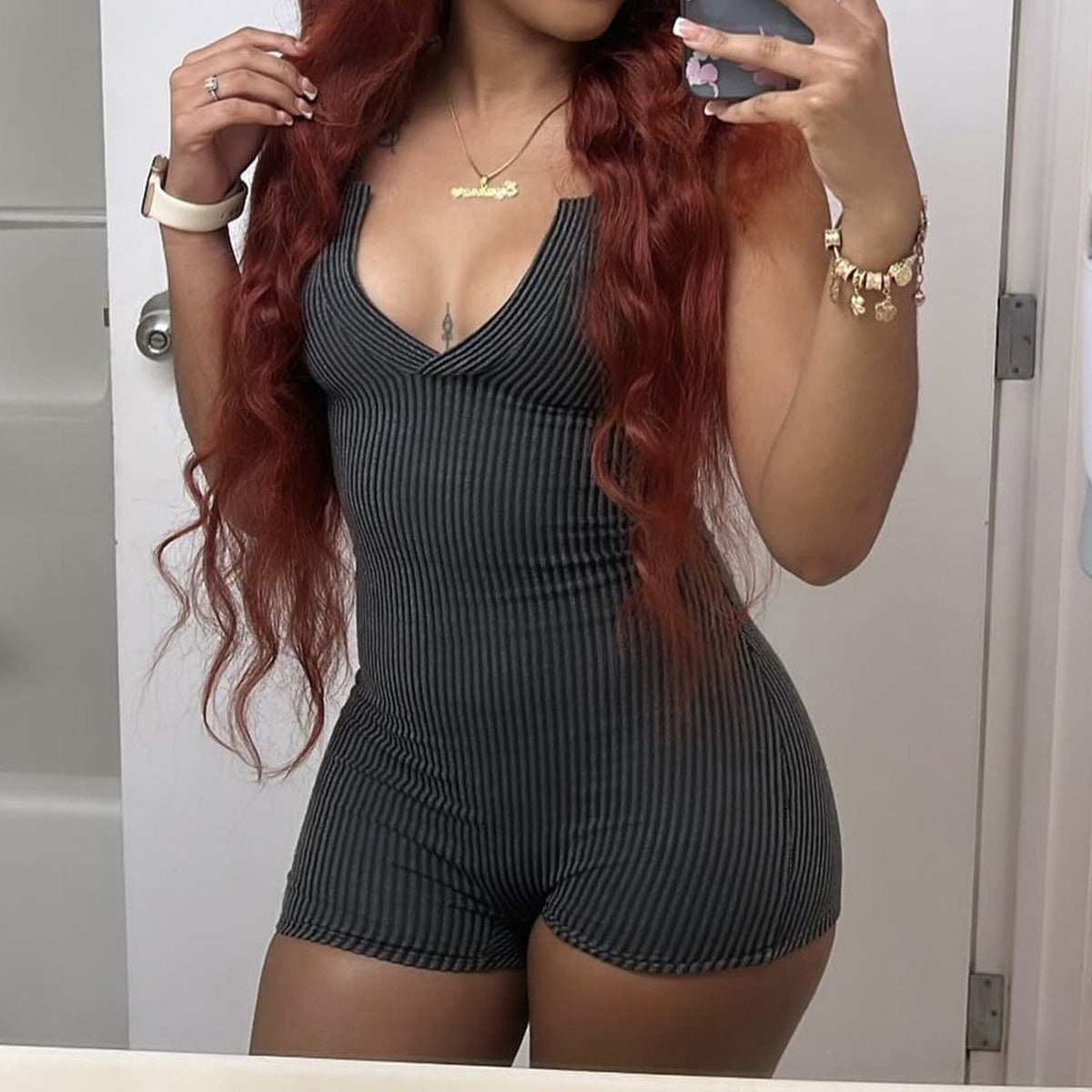 Solid Color V Neck Tight Sport Romper GYZY 8910
