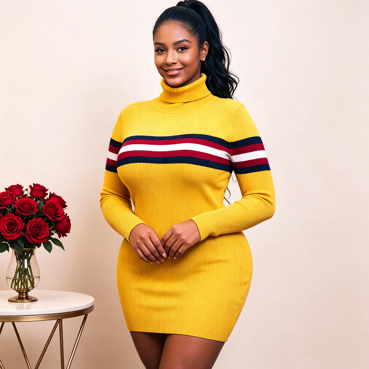 Plus Size Stripe High Collar Knits Sweater QMZF 1902