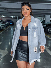 Fringed Single breasted Hole Long Denim Jacket LX 3562