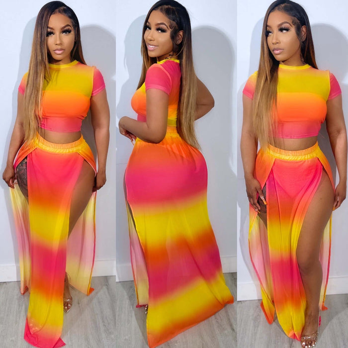 Gradient Color Clash Print Split Long Skirt Suit NY 10803