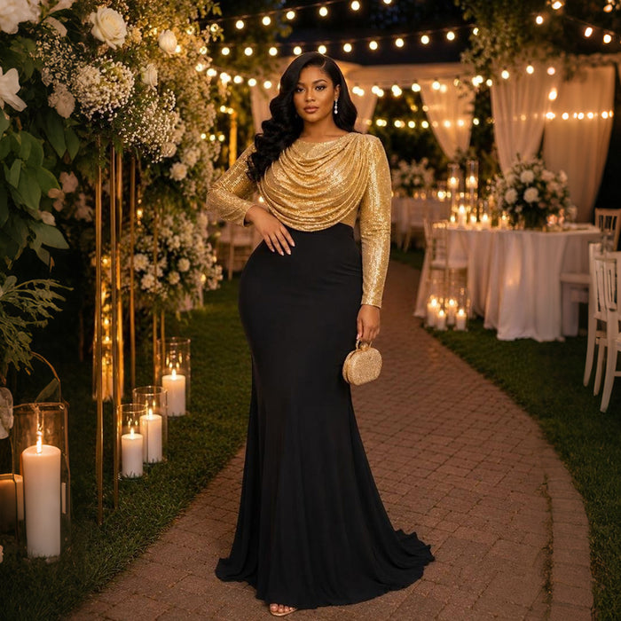 Contrast Color Long Sleeve Sequin Maxi Dress CYA 902515