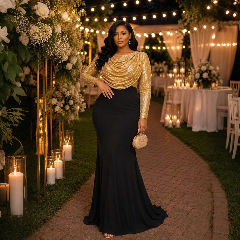 Contrast Color Long Sleeve Sequin Maxi Dress CYA 902515