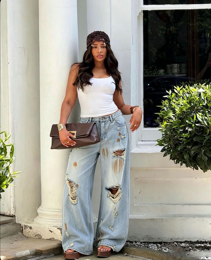 Plus Size Holes Washed Straight Jeans GYLN 2219