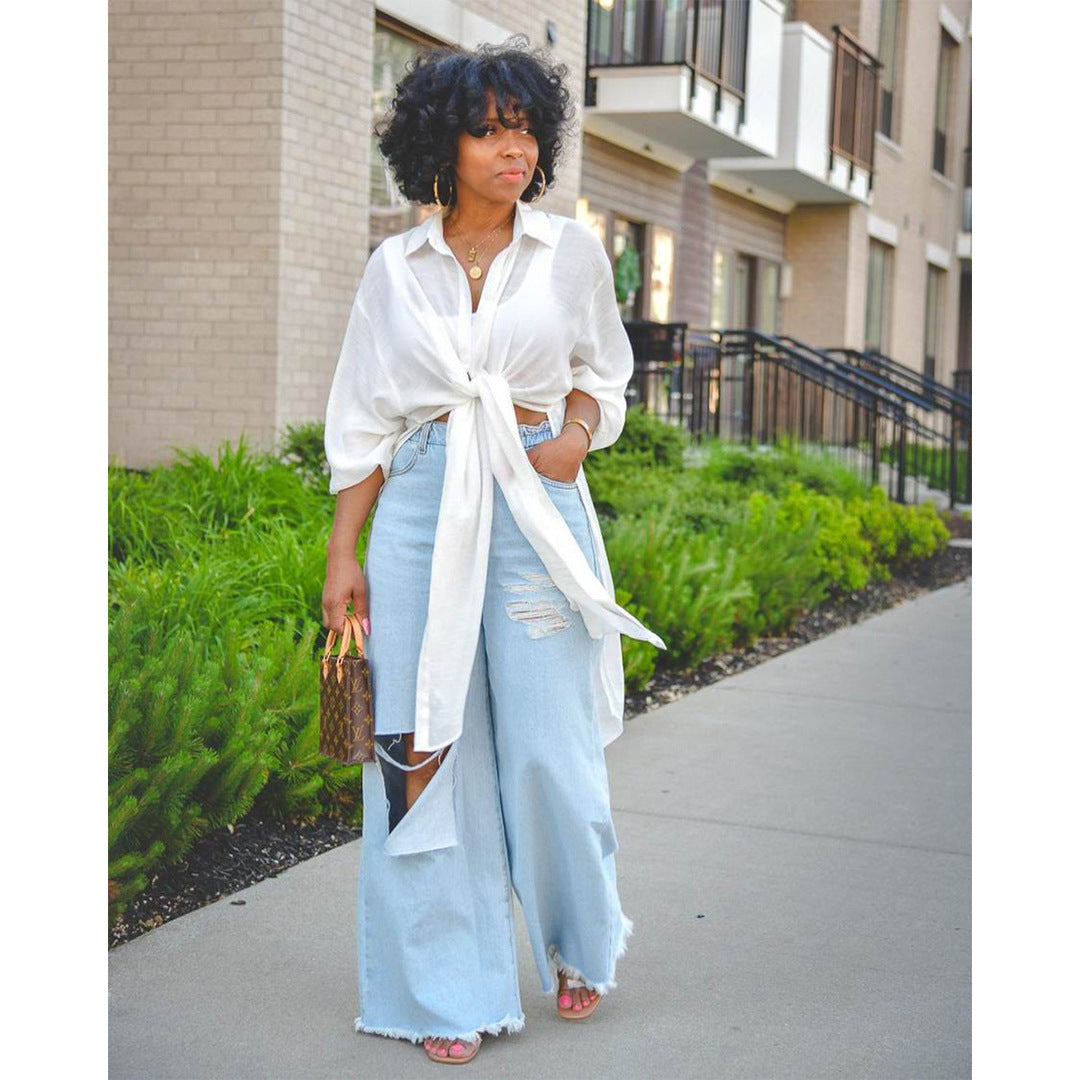 Solid Color Button Slit Long Shirt ASL 6397