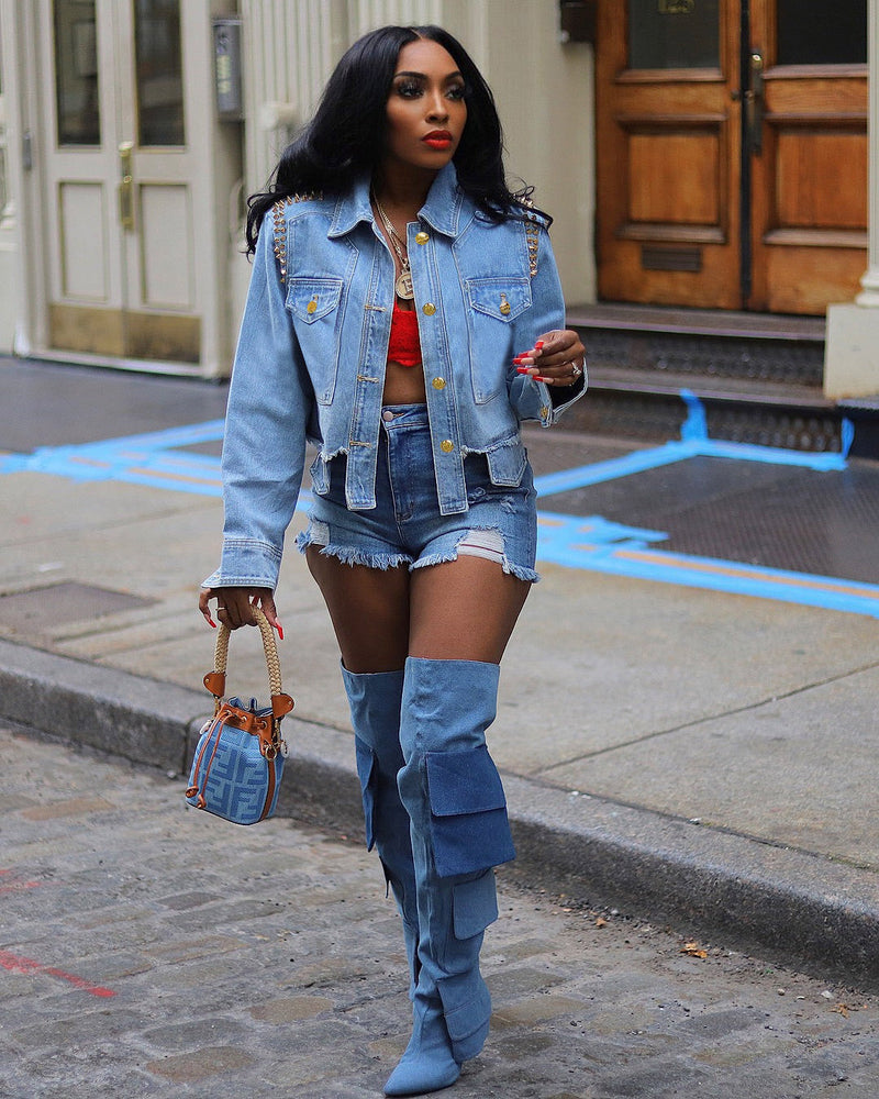 Drill Irregular Long Sleeve Denim Jacket Coat TE 4661