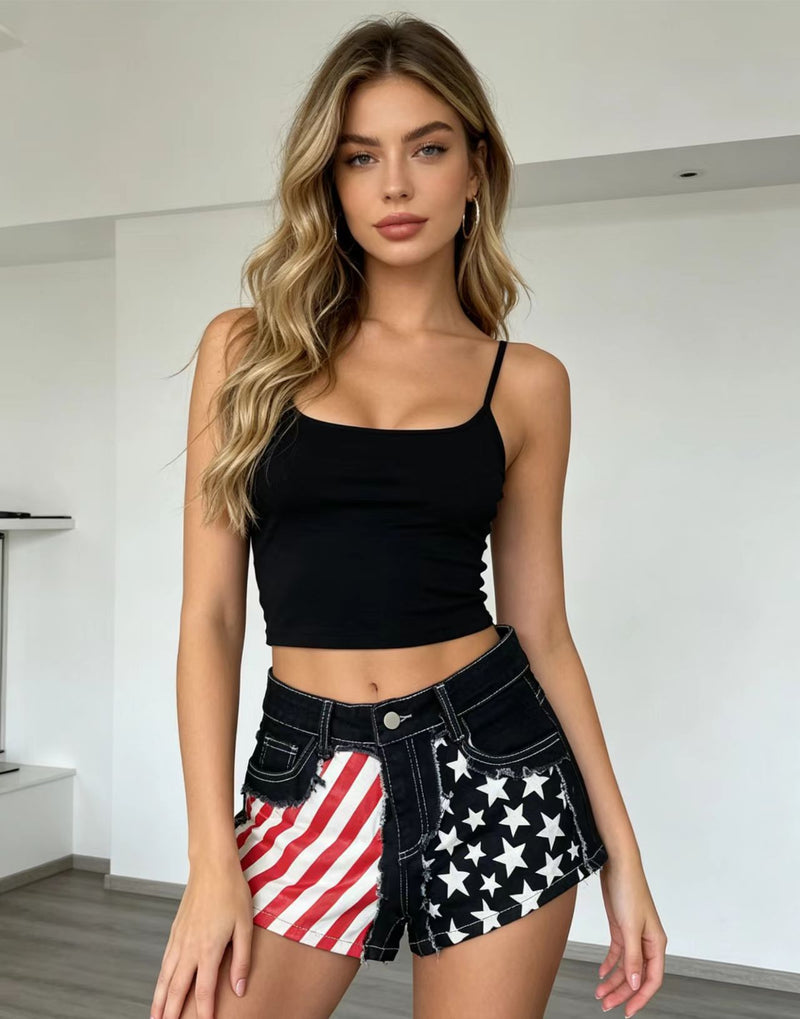 Retro Flag Print Patchwork Denim Shorts GQLF 7777