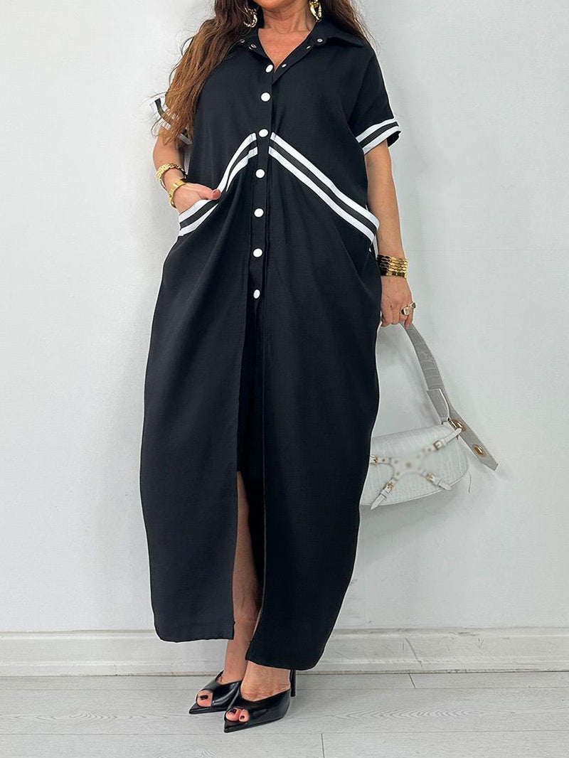Plus Size Lapel Single Breasted Button Long Dress QMZF 2181