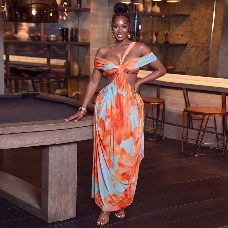 Sexy Color Block Backless Print Maxi Dress GJYO JD305523