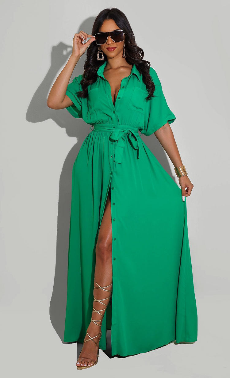 Solid Color Loose Long Sleeve Shirt Dress XHXF 914