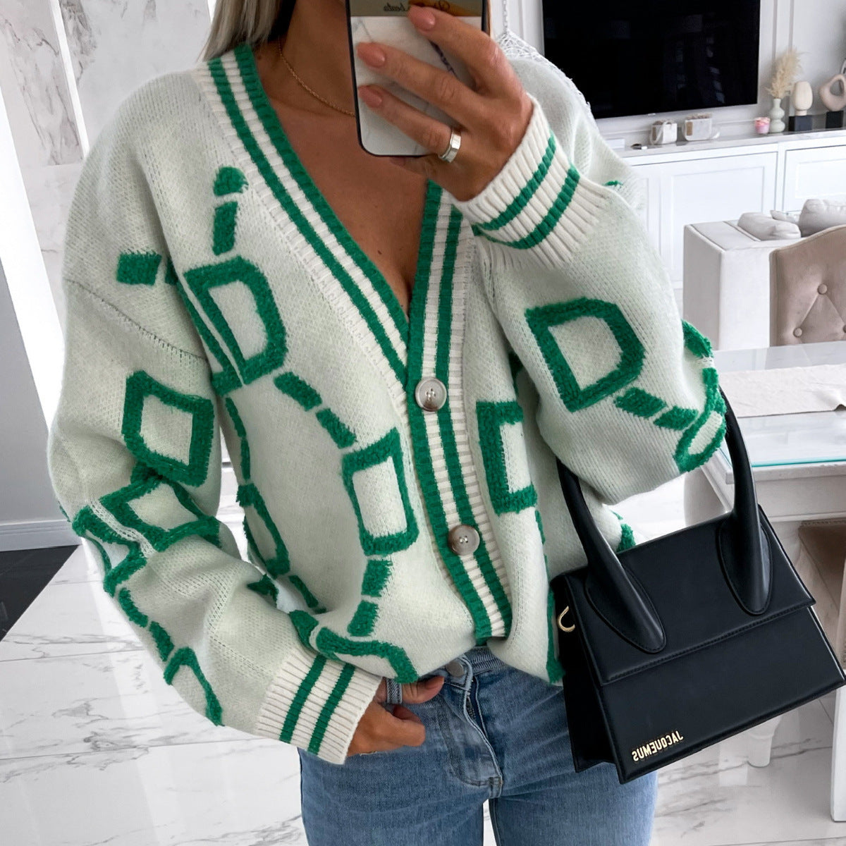 Long Sleeve V Neck Knits Print Coat YMZY 509