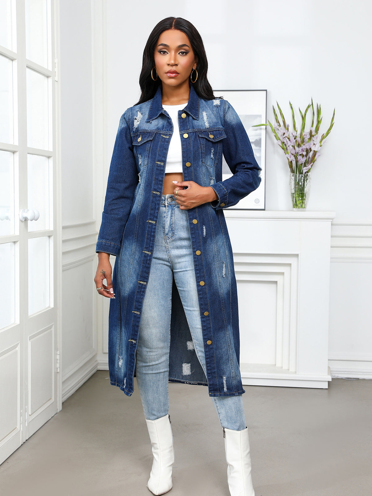 Long Ripped Denim Trench Coat Jacket GQDH 9932