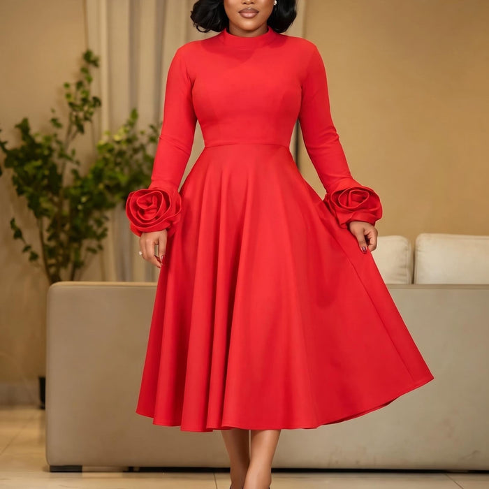 Plus Size 3D Flower Long Sleeve Midi Dress GATE 645