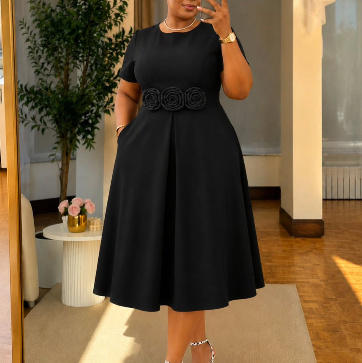 Plus Size 3D Flower Short Sleeve Midi Dress GCZF 8667