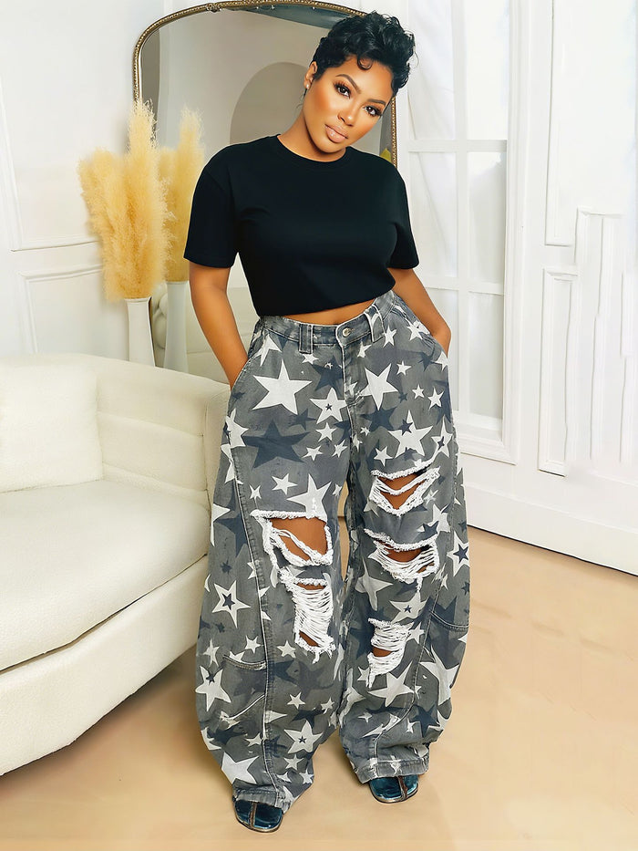 Plus Size Washed Camouflage Star Print Ripped Jeans GYLN 8407