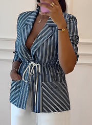 Stripe Print Tie Up Blazer Coat OMY 12008