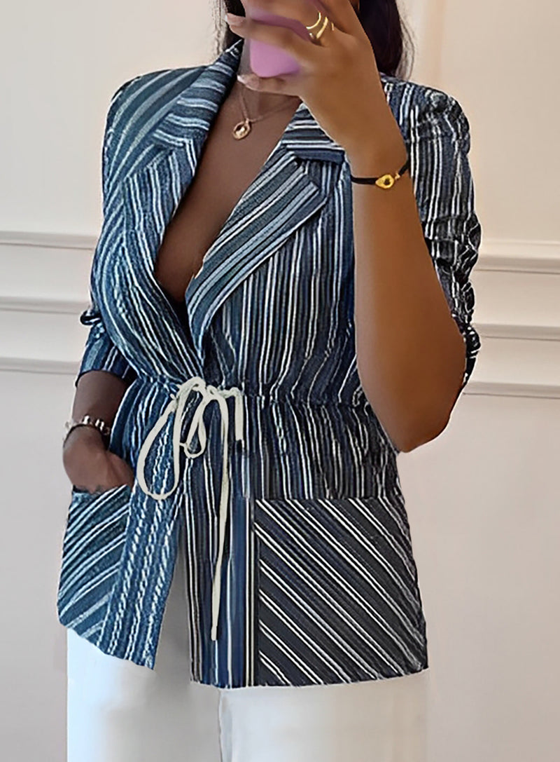 Stripe Print Tie Up Blazer Coat OMY 12008