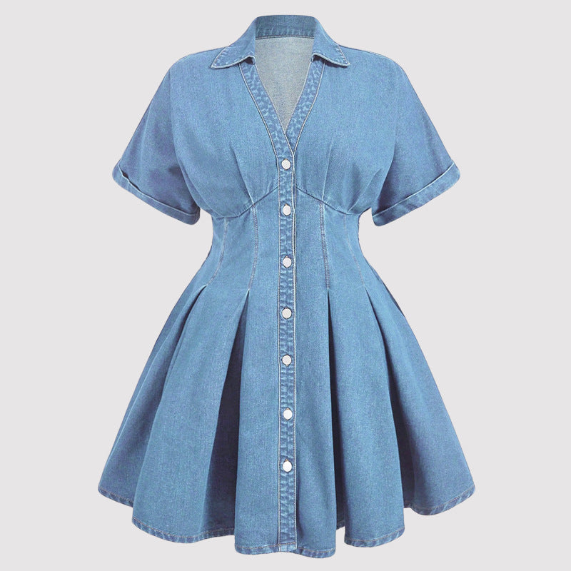 V Neck Short Sleeve Denim Mini Dress GDAM 218976