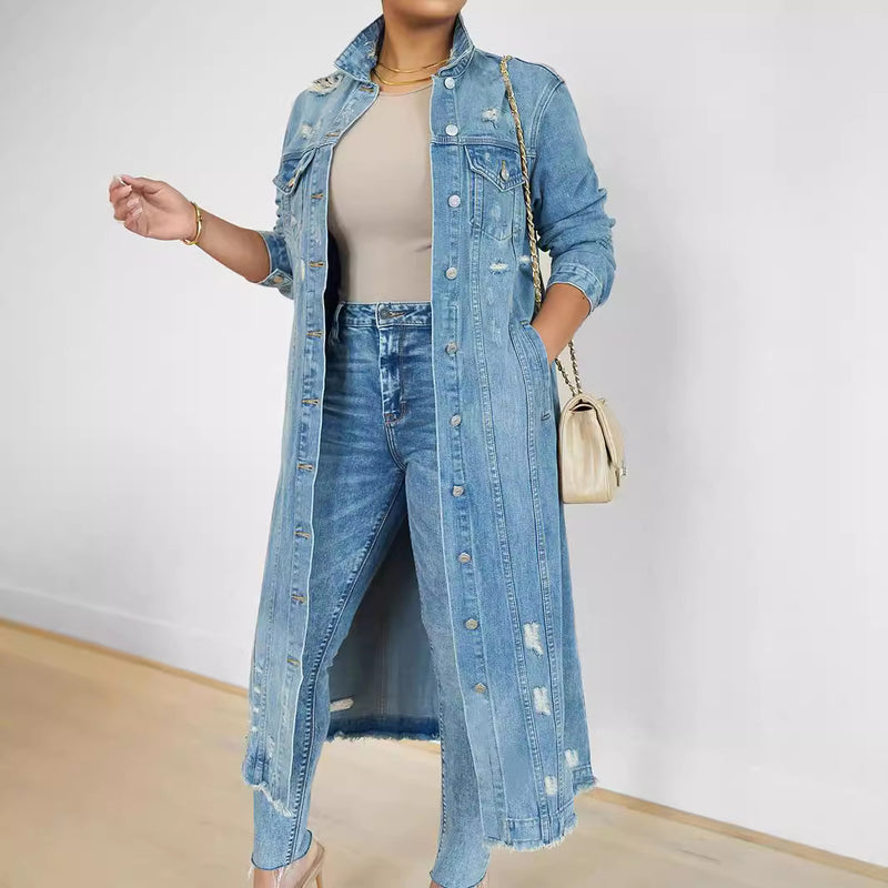 Fashion Holes Long Sleeve Denim Coat GKNF TSC 2328