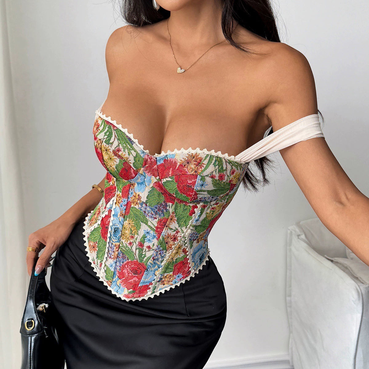 Retro Jacquard Wrap Front Fishbone Camisole GOMN 71097