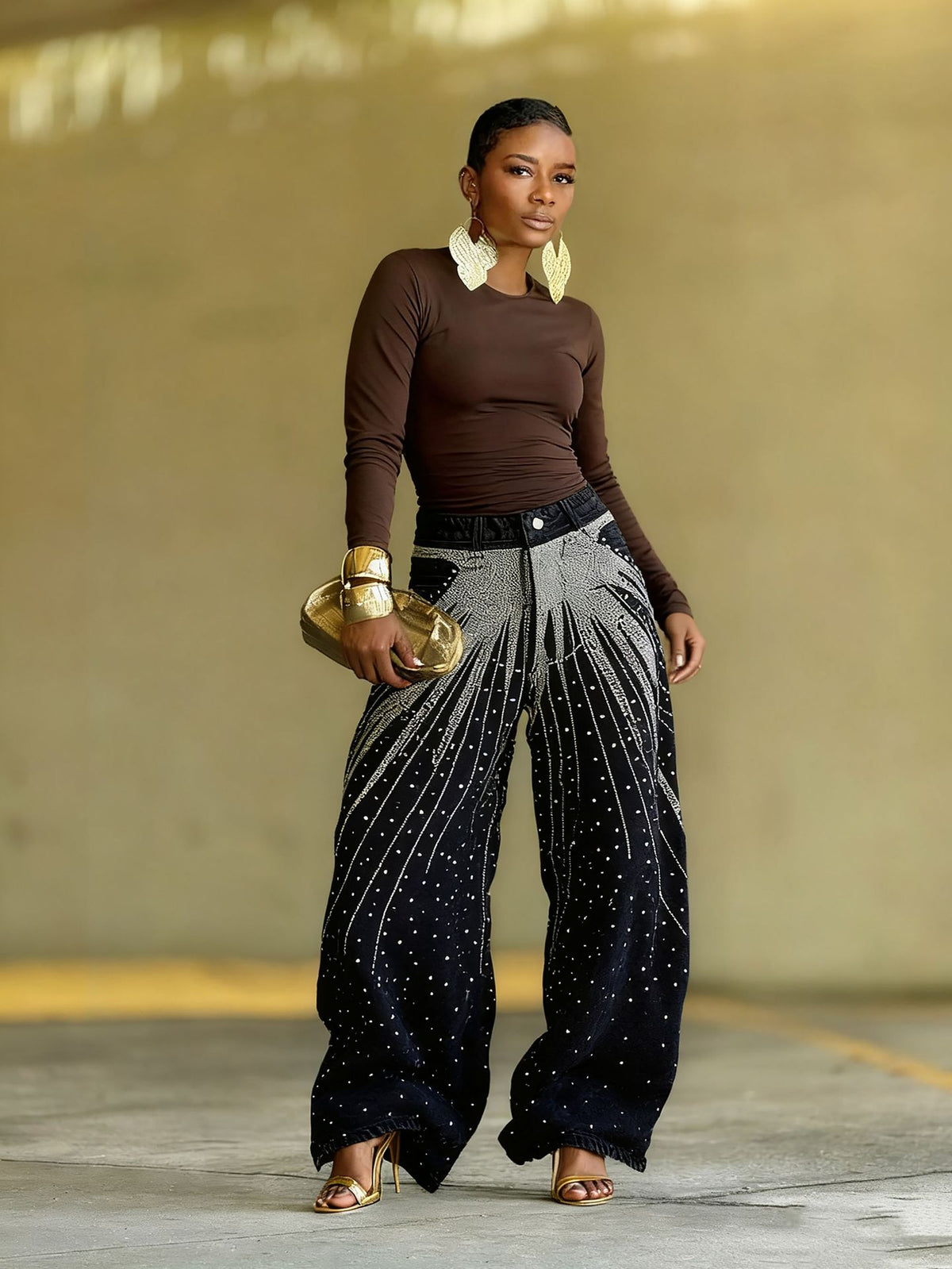 Washed Rhinestone Wide Leg Jeans GYLN 8406