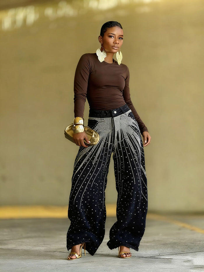 Washed Rhinestone Wide Leg Jeans GYLN 8406