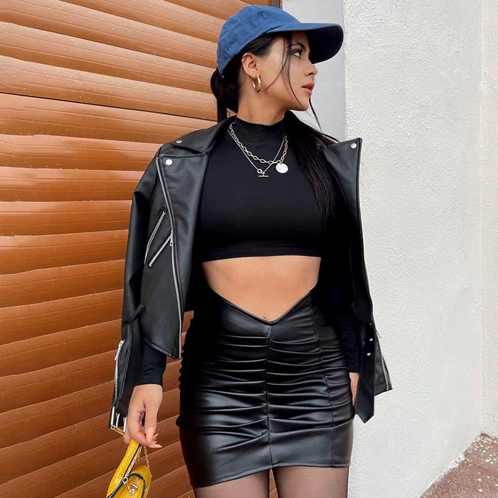Solid Color Pleated PU Leather Mini Skirt GPBY 2113