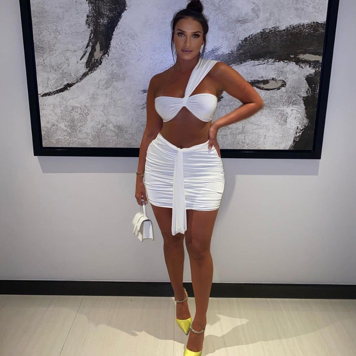 Solid Color Ruched One Shoulder Top And Skirt Two Piece Set JZHF 8028