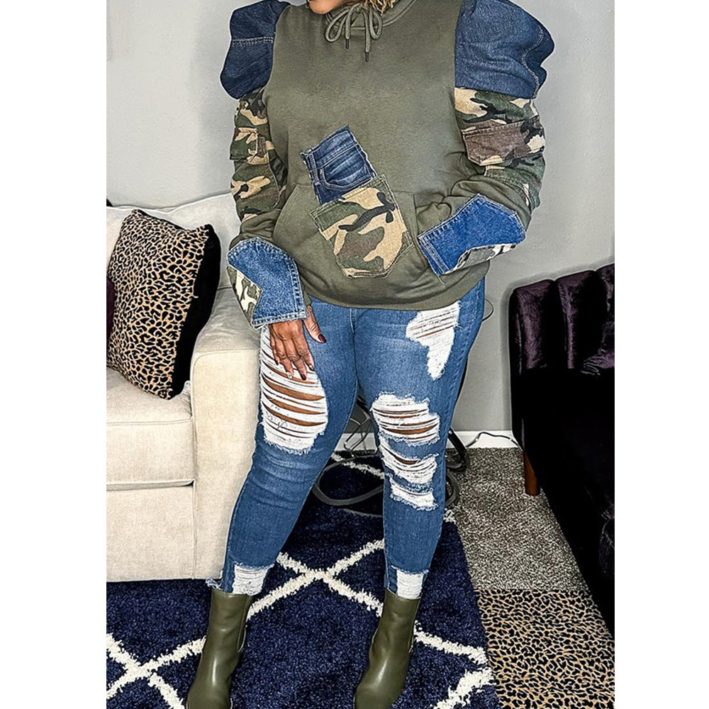 Camouflage Print Patchwork Long Sleeve Sweatshirt QYXZ 9162