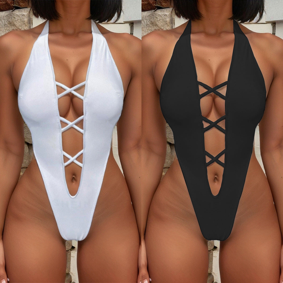 Solid Color Bandage Halter One Piece Swimsuit CASF 6683