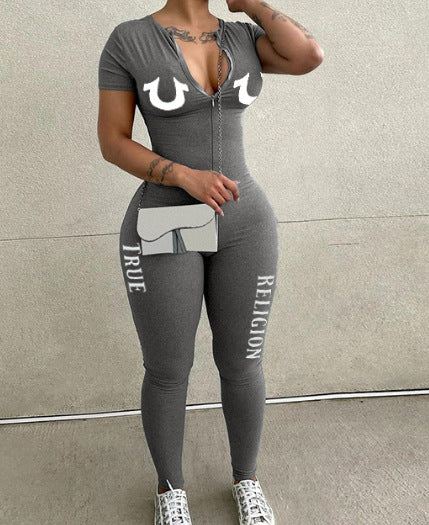Long Sleeve Letter Print Zipper Jumpsuit GXJL 00045