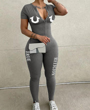 Long Sleeve Letter Print Zipper Jumpsuit GXJL 00045