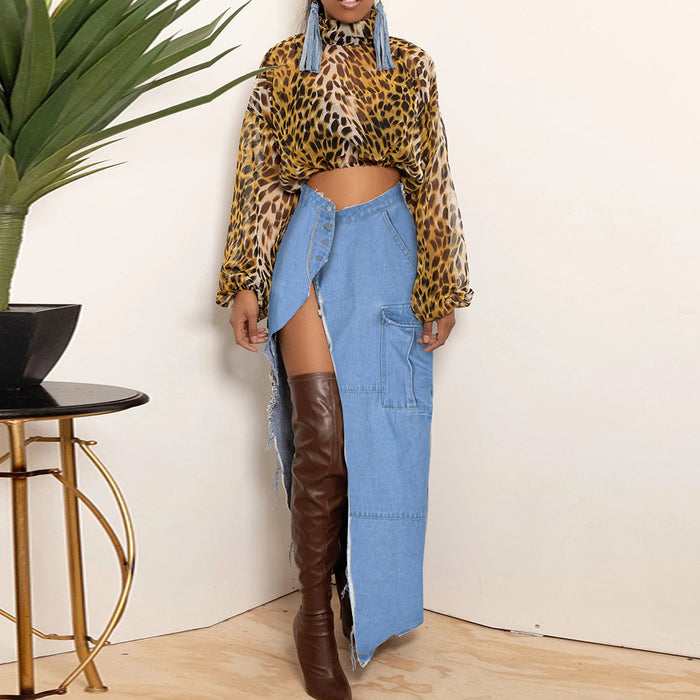Fashion Denim Tassel High Split Skirt GNZD 9150DD