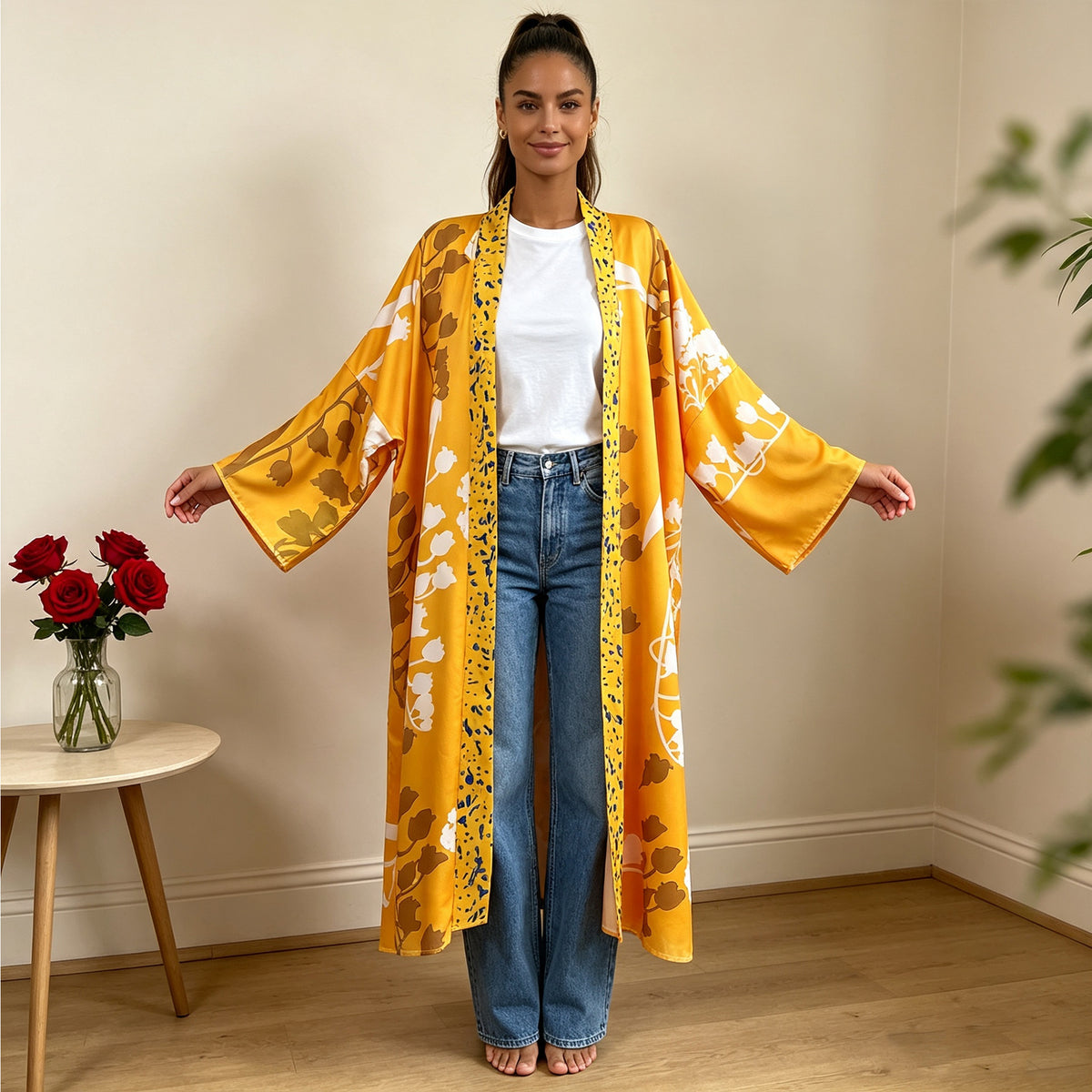 Plus Size Retro Floral Printed Satin Sleeping Robe Coat QMZF 1876
