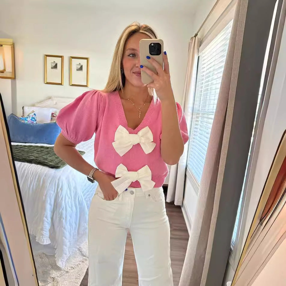 V Neck Short Sleeve Double Bow Solid Sweater GLYK LX045