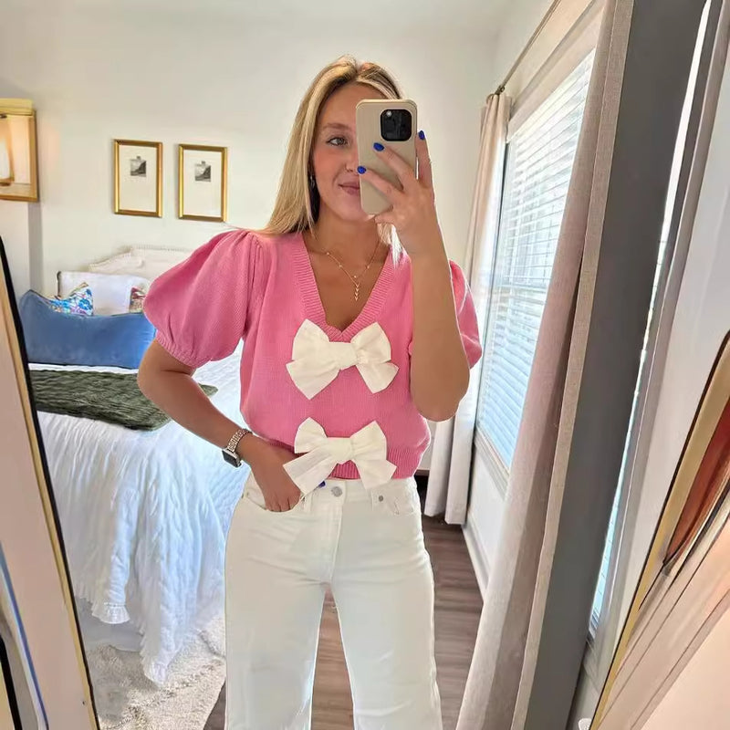 V Neck Short Sleeve Double Bow Solid Sweater GLYK LX045